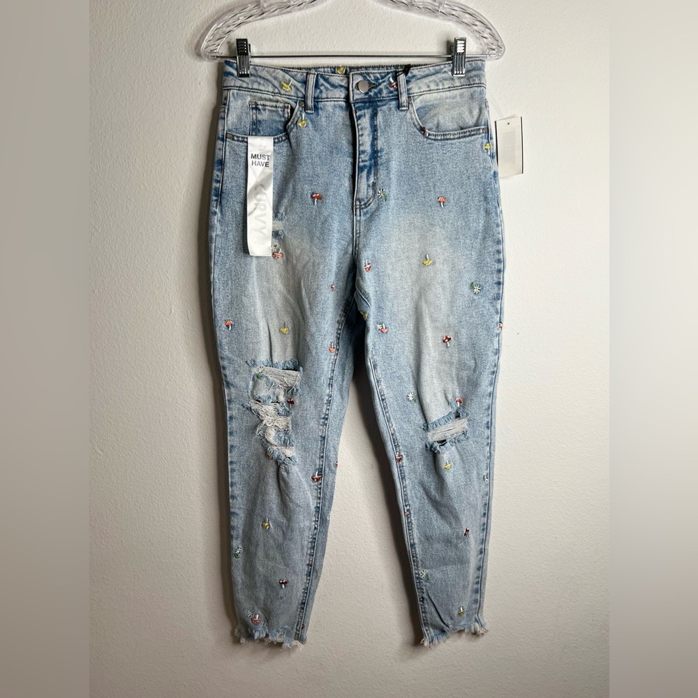 Tinseltown  The Mom Blue Jean Embroidered Mushrooms Distressed Ankle Size 9